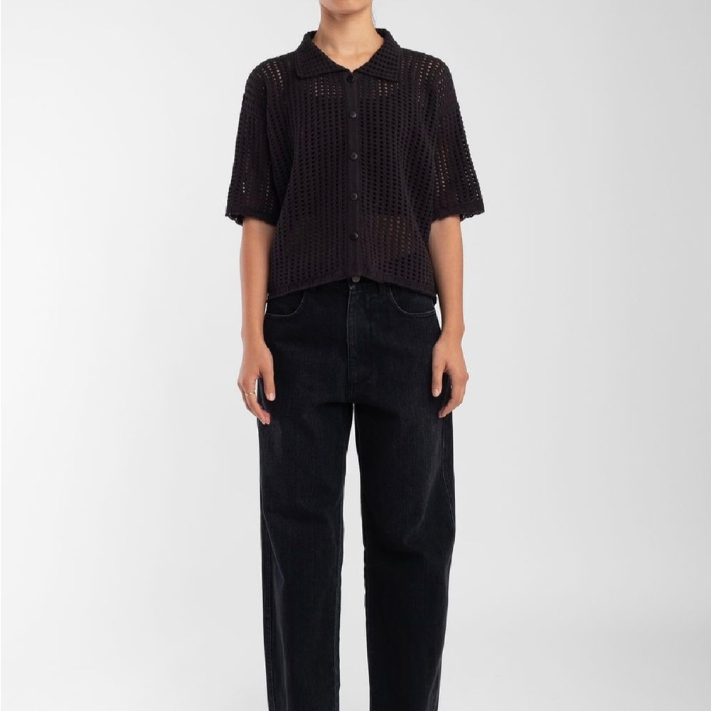 Micaela Greg Open Knit Polo - Black - L